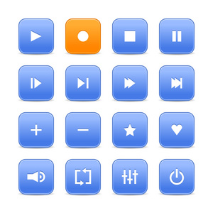 蓝色和橙色 16 媒体控制 web 2.0 按钮。圆角正方形形状与白色的阴影