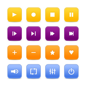 16 媒体音频视频控制 web 2.0 按钮。彩色圆角正方形形状与白色背景上的阴影