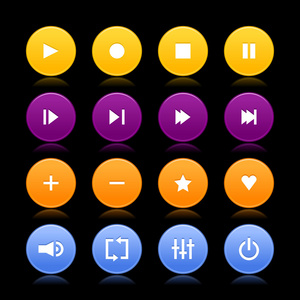 16 媒体控制 web 2.0 按钮。用黑色背景上的反射彩色圆形状