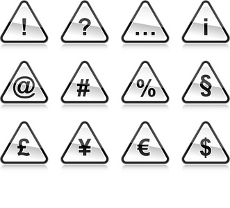 黑色警告标志符号。圆角三角形形状与颜色反射在白色背景上。10 eps
