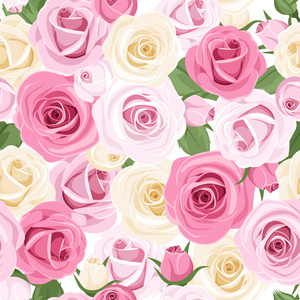 矢量无缝模式与粉红和白色玫瑰