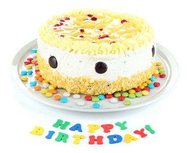 生日快乐蛋糕，白色上孤立