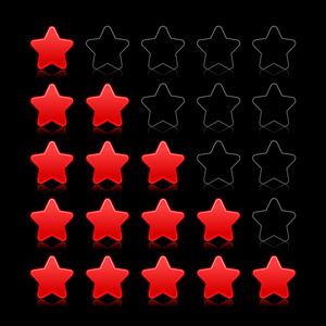 五红星级评级 web 2.0 按钮。缎面光滑用反射在黑色背景上的形状