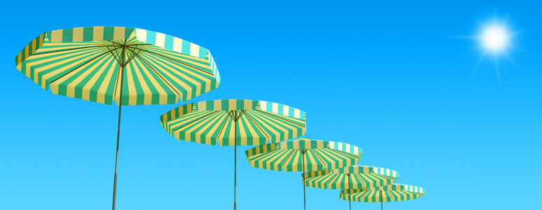 遮阳伞与热带海滩全景的 3d 呈现器