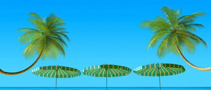 遮阳伞和棕榈树与热带海滩全景的 3d 呈现器