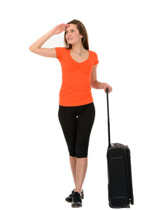 一个美丽的女人旅游带的行李上白色 backgro 隔离