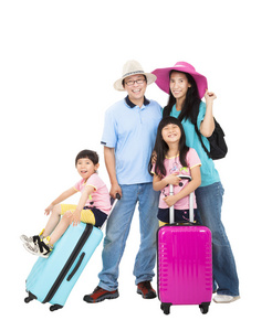 幸福的家庭有着手提箱带暑假