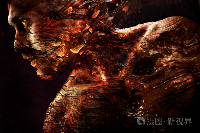 摄影艺术.用燃烧的皮肤纹理的男人肖像