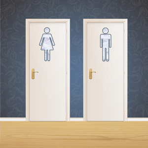 卡通女士上厕所复古墙背景上厕所门.矢量设计照片