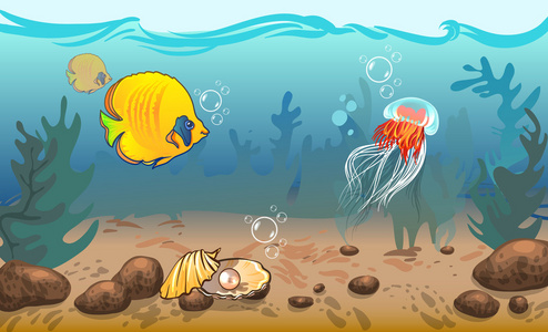 矢量插图。与海洋动物的水下世界。矢量插图。与海洋动物的水下世界。鱼 贝壳 水母