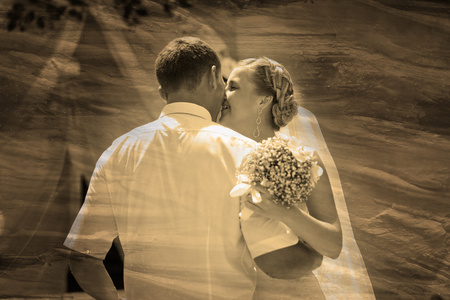 复古棕褐色黑白照片新娘和新郎，情侣夫妻关系