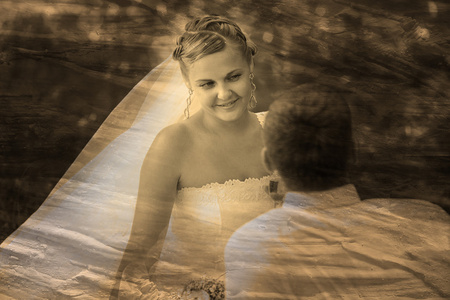 复古棕褐色黑白照片，看看婚礼的新郎新娘