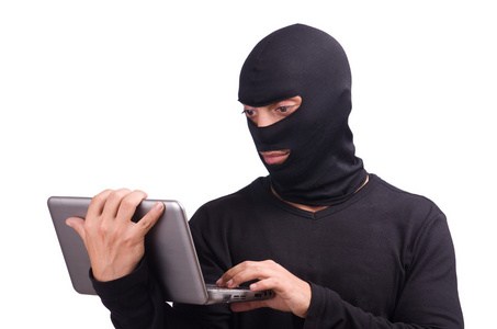 拍卖锤与美元硬币平面图标矢量插图与计算机戴头套 hhacker与戴着头套