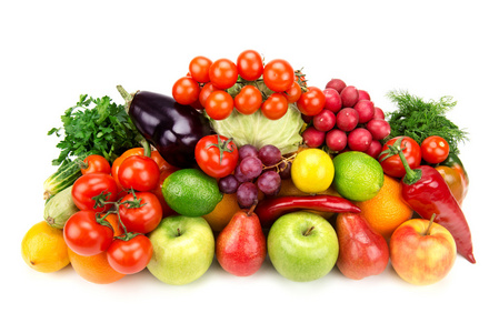 水果和蔬菜被隔绝在白色背景上的一套