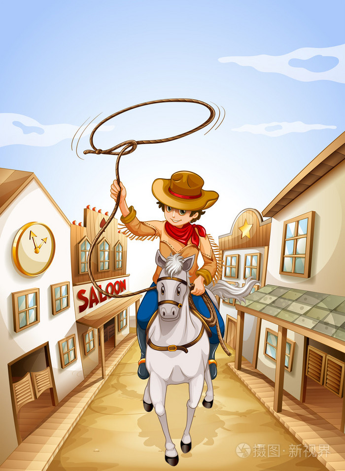 一个男孩骑在一匹马拿一根绳子