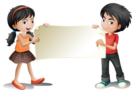 一个女孩和男孩抱着空标牌图片