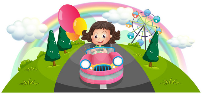 一个年轻的女孩坐在粉红色车与气球