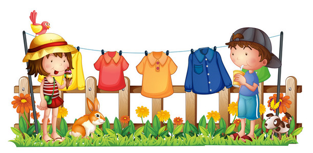 一个女孩和一个男孩在花园里挂的衣服