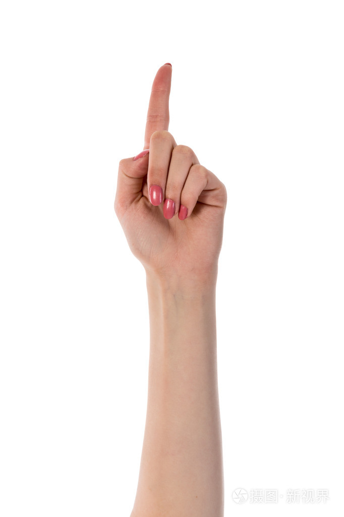 女手显示孤立在白色背景上的一根手指