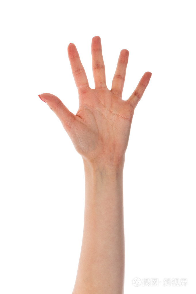 显示被隔绝在白色背景上的五个手指的女性手
