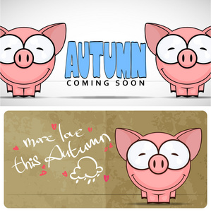秋季矢量卡与可爱的卡通小猪和文本