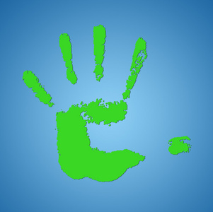 抽象的绿色手在蓝色背景上打印