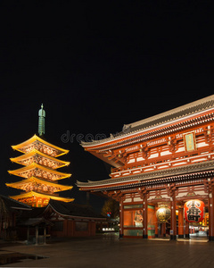 东京寺庙东京,浅草,森索吉,夜晚的日本历史寺庙照片