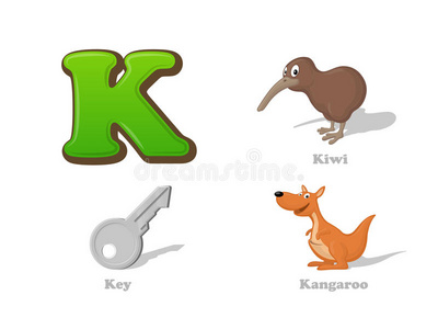 abc字母k搞笑儿童图标集猕猴桃鸟，钥匙，袋鼠
