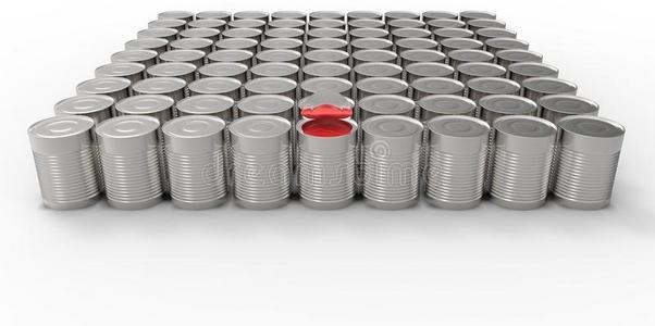 白色背景漆上3d空罐，一个红色罐填充