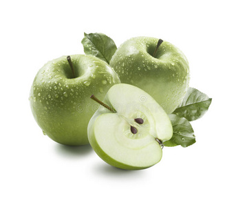 两个绿苹果和一半在白色背景上隔离的水滴中照片