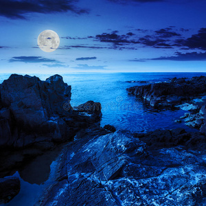 平静的海浪在夜里碰到巨石