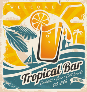 热带酒吧的复古海报模板图片
