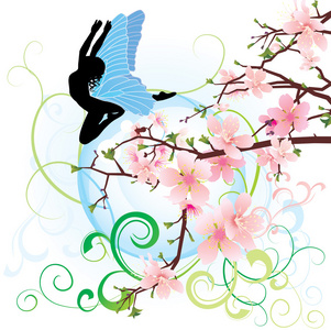 童话与背景上的蓝色翅膀与兴盛和粉红色的花朵树分支矢量