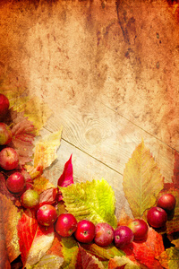 从苹果和落叶在旧木桌上的老式秋季边框