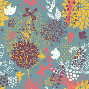 炫彩抽象花卉壁纸向量中。无缝模式可以用于壁纸 图案填充 web 页面背景，表面纹理。华丽无缝花卉背景