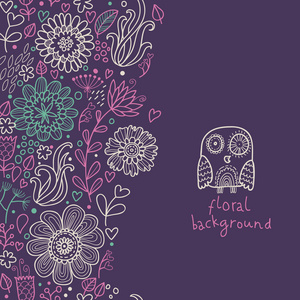 与可爱猫头鹰在紫颜色的花卉背景