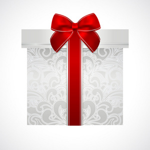 银礼品盒与花卉图案和红色的弓 丝带。矢量庆祝符号 st 瓦伦丁天 母亲节 圣诞节和其他节日。用于贺卡的背景设计