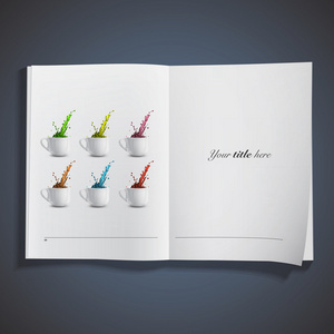 现实的白色杯子与多彩滴里面一本的书。矢量设计