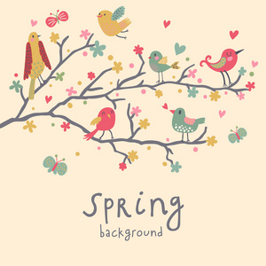 春天的背景。在向量中的时尚插画。可爱的鸟类在树枝上。轻浪漫卡。可以用于婚礼请柬