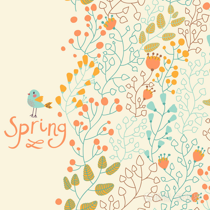 时尚无缝花纹春天背景与可爱鸟向量中无缝模式可以用于壁纸图案填充