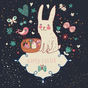 兔 鸟 花卉和蝴蝶可爱卡通矢量背景。复活节概念卡在复古的颜色