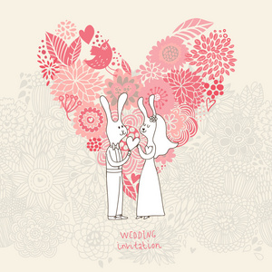 卡通概念婚姻。浪漫背景与心脏了鲜花和搞笑兔。矢量花卉喜帖粉红色的颜色。理想的婚礼卡和保存日期的邀请