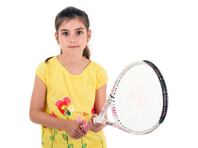 戏剧网球在白色背景上的小女孩