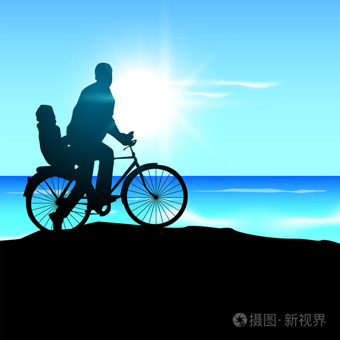 在一元骑自行车去的一位父亲和他的孩子的身影插画-正版商用图片1c9
