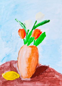 孩子的绘画郁金香插在花瓶里