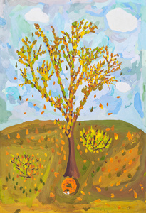 孩子的绘画下降叶从秋天一棵树
