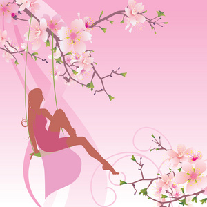 粉色的花波斯菊和衣坐在秋千上的女人