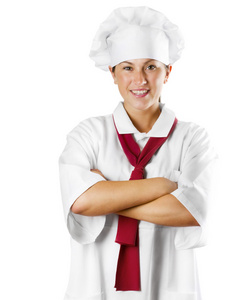 年轻女子厨师上白色隔离