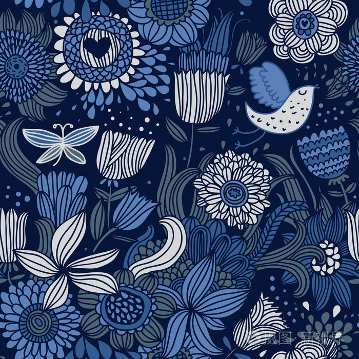 无缝花纹与鸟和蓝色的蝴蝶插画-正版商用图片1caotv-摄图新视界