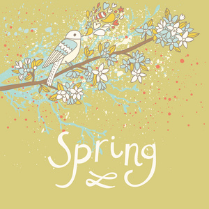 春天概念卡在向量中。卡通鸟在明亮的颜色的树枝上。好的任何邀请